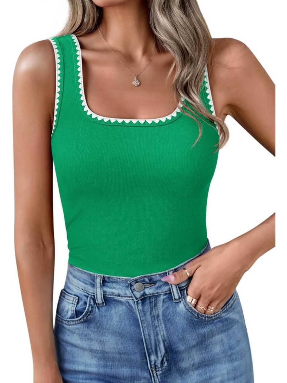 Summer Square Neck Sleeveless Tank Top - Casual Slim Fit Color Block Ribbed